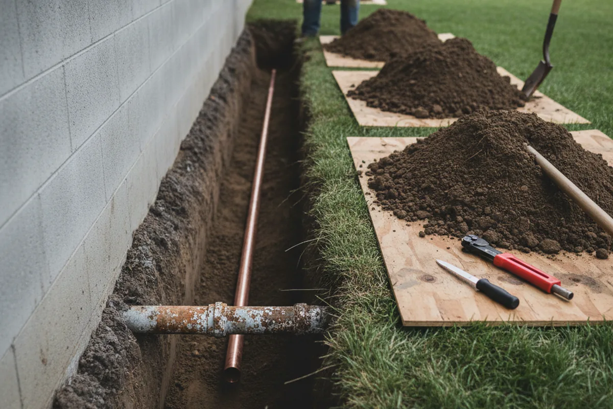 Excavated water line trench during Water Heater Repair in Stapleton